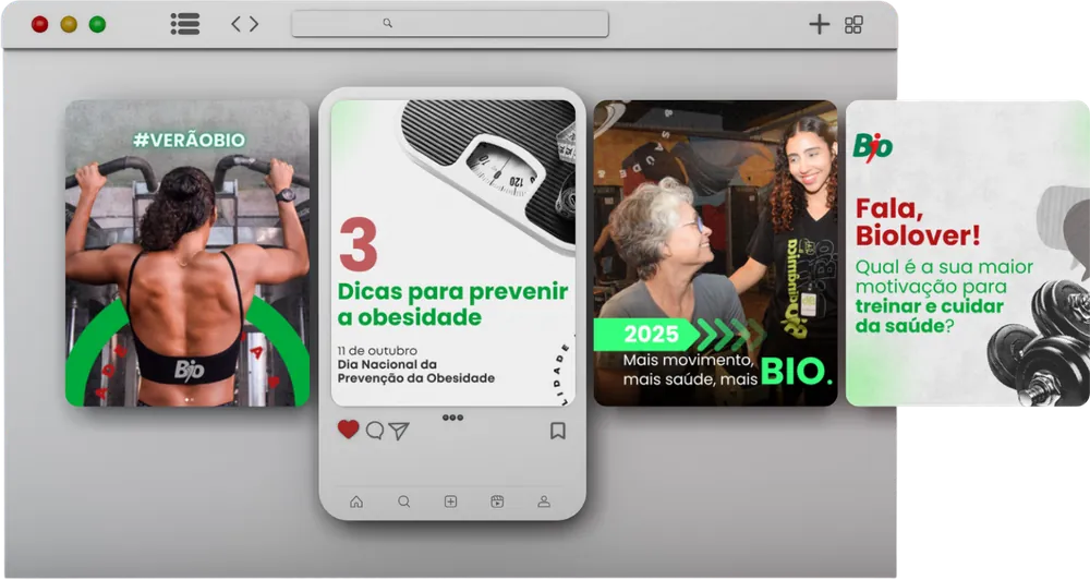 Posts da Biodinâmica em mockup de navegador