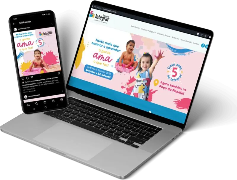 Site e redes sociais da Escola Integrar em notebook e celular